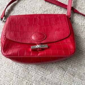 Longchamp Red Croc-Embossed Crossbody Bag- Roseau